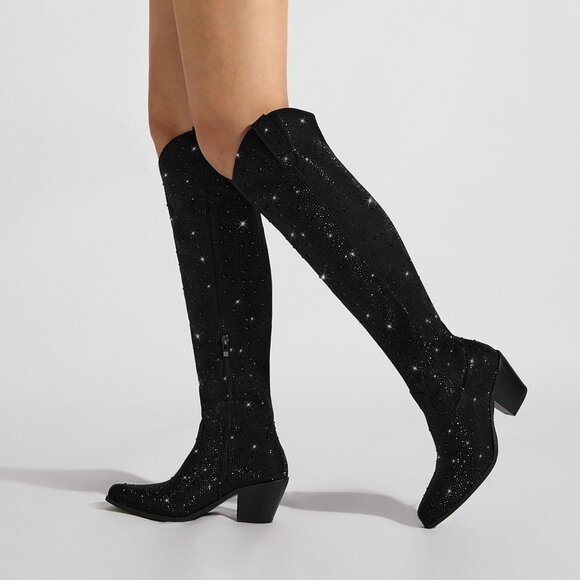 Women's Black Rhinestone Sparkly Over Knee Pointed Toe Chunky High Heel Boots - Picture 6 of 6